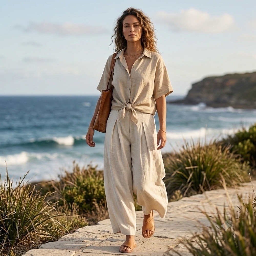 INC Top XL Tan Linen Blend Boxy fit Tie Minimalist Beachy Lagenlook Coastal